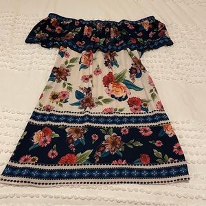 Blue Rain Floral Off-the-shoulder Dress